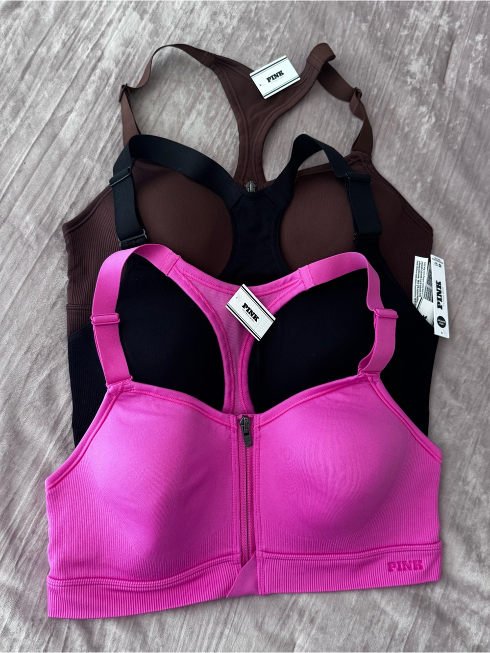 PINK Victoria's Secret Zip-Front Sports Bras in Hot Pink and Chocolate
